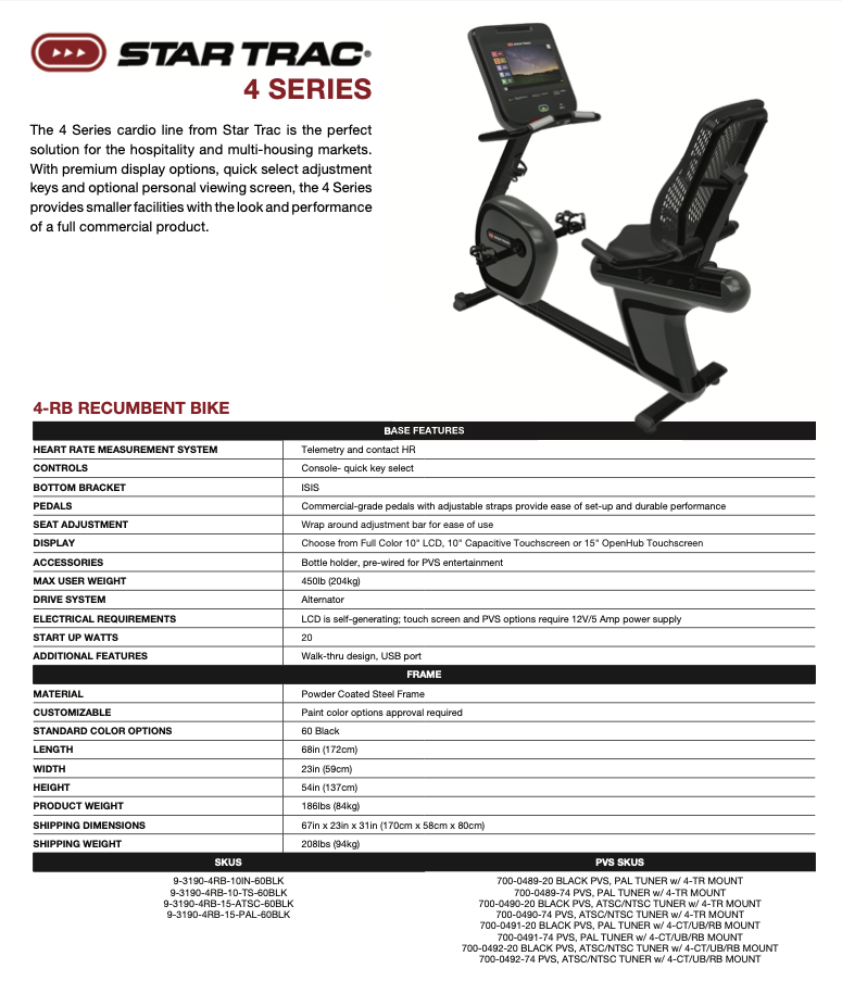 StarTrac 4RB Recumbent Bike (LCD Display)
