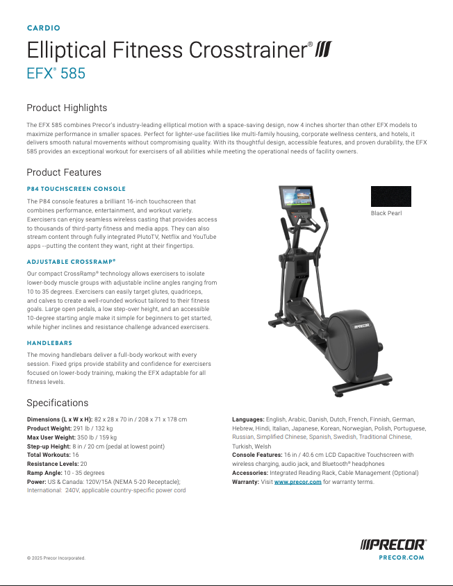 Precor EFX 585 Elliptical 16" touchscreen